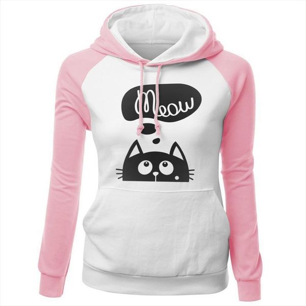 

autumn winter new hoodies for women sweatshirt kawaii cat meow print fashion hoody kpop sweatshirts raglan harajuku hoodie, Black