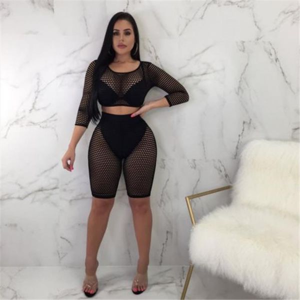 

women ladies long sleeve see through gauze 2pcs crop shorts set fishnet hollow out tracksuit 2 piece clubwear, Gray