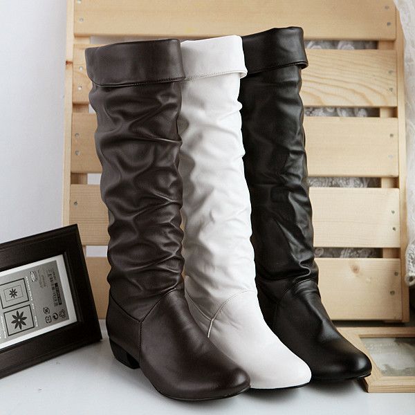 

boots fashion casual mature over-the-knee women low square heel slip-on solid long sewing round toe pu winter shoes, Black