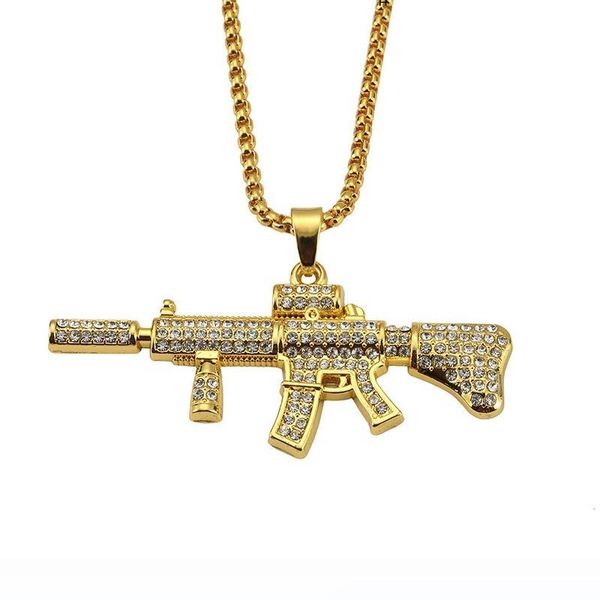 

cool men m4 gun pendant necklaces gold silver hip hop punk rock style full rhinestone crystal fashion necklace for 29 inch chain