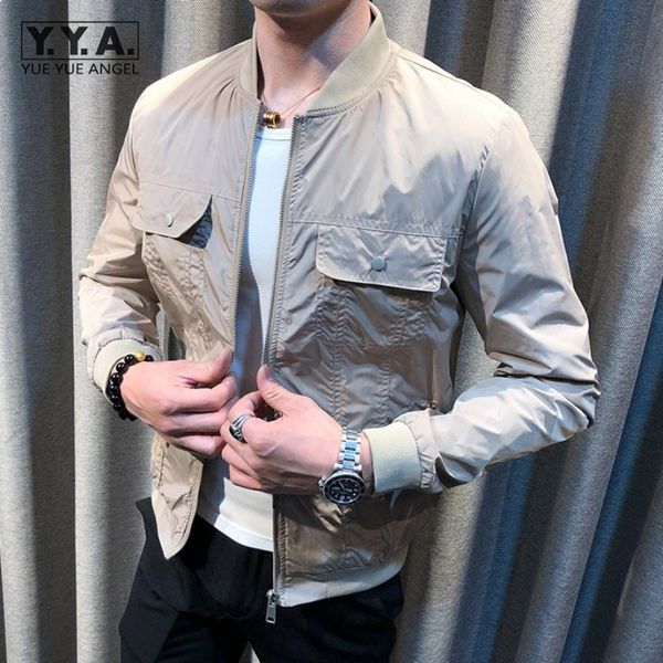 

mens smart casual jacket autumn slim fit long sleeve stand collar bomber jacket vintage pockets cargo coat spring men outerwear, Black;brown