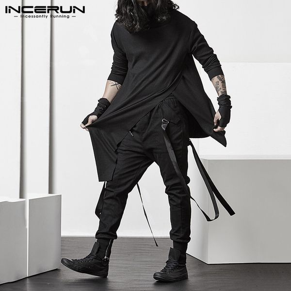 

casual irregular long incerun mens solid color sweatshirts fashion long sleeve turtleneck blouse men punk style 5xl 7, Black