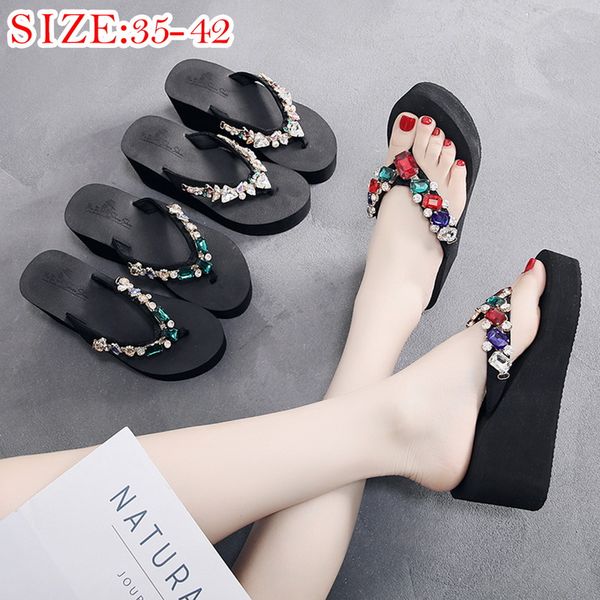 

women's slippers bohemian beach shoes summer casual sandals thick bottom non-slip slipper crystal casual flip flop elastic shoes, Black