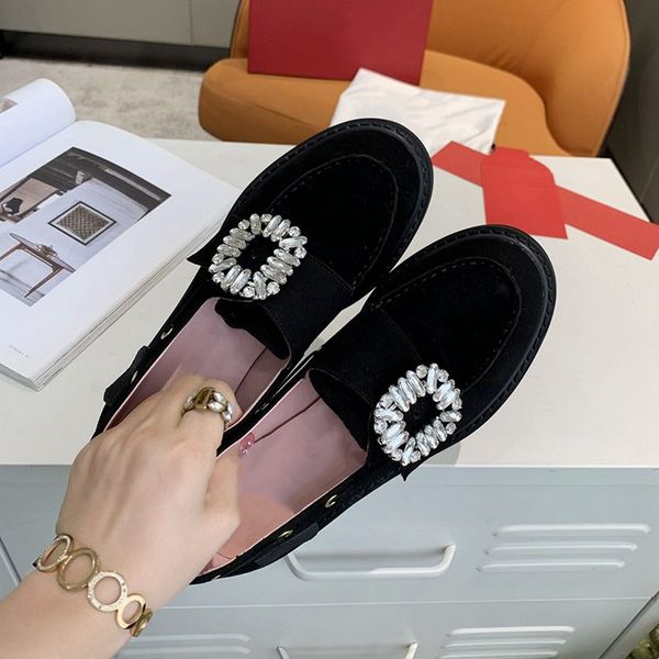 

suede leather casual shoes women fashion design crystal buckle sneakers women slip on loafers brand woman shoes, Black