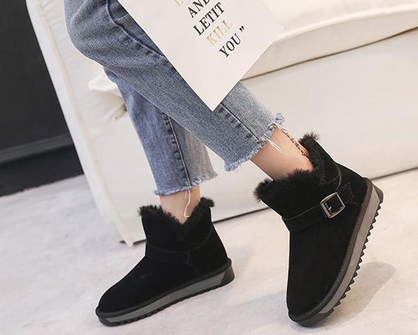 

short tube snow boots women's winter new wild leather boots students warm cotton shoes plus velvet bread shoes, Black