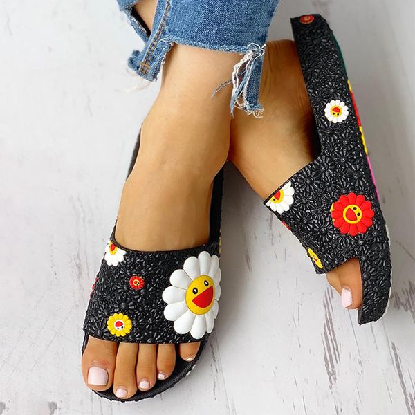 

women summer slippers cute flower flat flip flops ladies soft slides shoes female print floral bling beach casual sandals, Black