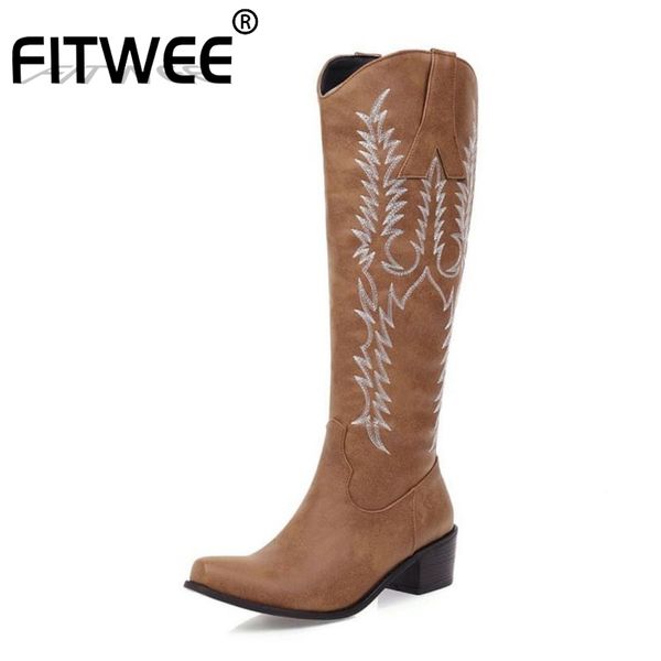 

fitwee new knee high boots for women round toe embroidery thick heels shoes zipper winter warm women footwear size 33-45, Black