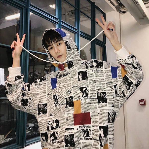 

fashion newspaper printed hoodie men streetwear funny mens hooded oversized sweatshirt men clothing autumn hip hop hoodies male, Black