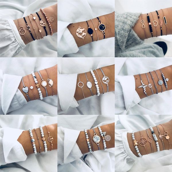 

modyle bohemian bracelet set for women shell star map lotus pineapple heart natural stone beads chain bangle boho summer jewelry, Black