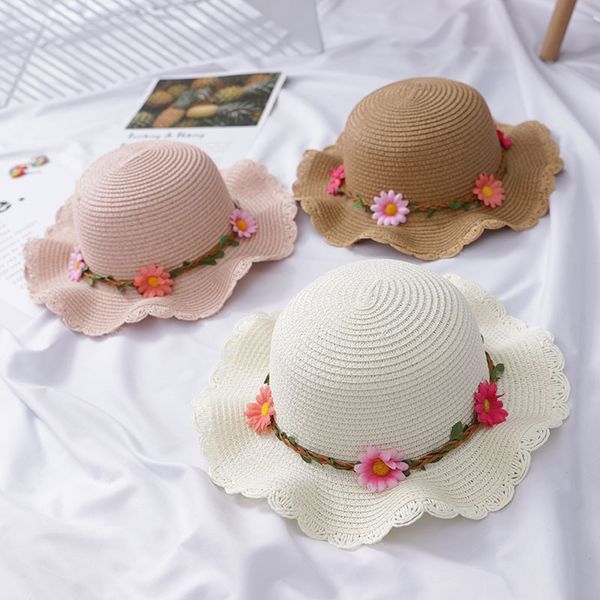 

fashion parent-child sun hat cute children sun hats flower hand made women straw cap beach big brim hat casual girls summer cap, Blue;gray