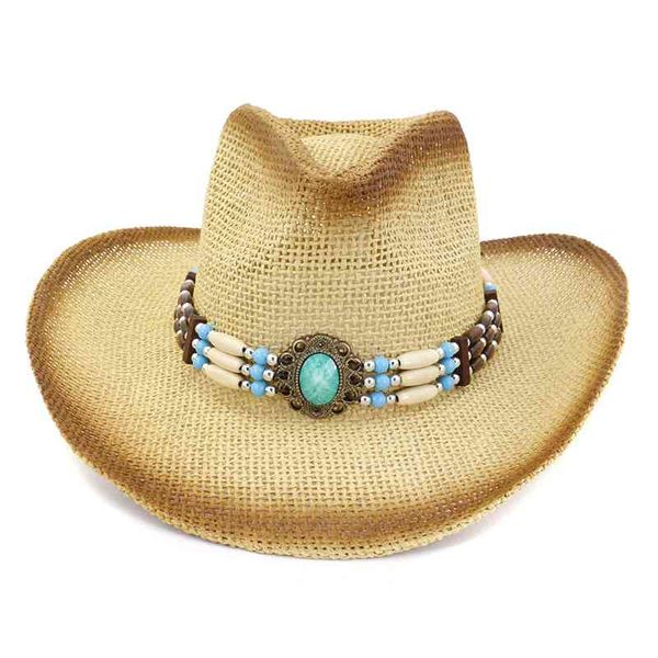 

wzcx 2020 new bead outdoor casual tide cowboy straw hat solid color breathable wide brim beach hat summer cap, Blue;gray