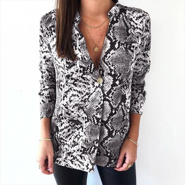 

snake animal print blouse and shirt long sleeve casual plus size v neck serpentine fashion women blouses autumn, White