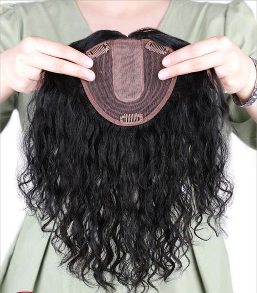 

factory direct real hair makeup fluffy white hair covering needle patch invisible long curly hair piece, Black;brown