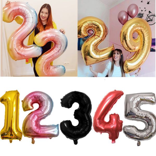 

32 40inch big foil birthday balloons helium number balloons happy birthday party decorations kids toy figures wedding air globos, Silver