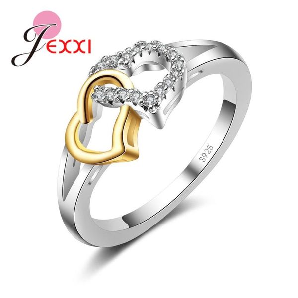 

love eternal heart hold heart romantic pure 925 sterling silver crystals finger rings for women wedding propose band bague, Golden;silver