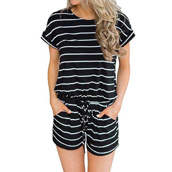 

striped womens romper summer jumpsuit shorts casual loose o-neck short sleeve playsuits female pockets overalls plus size k005, Black;white