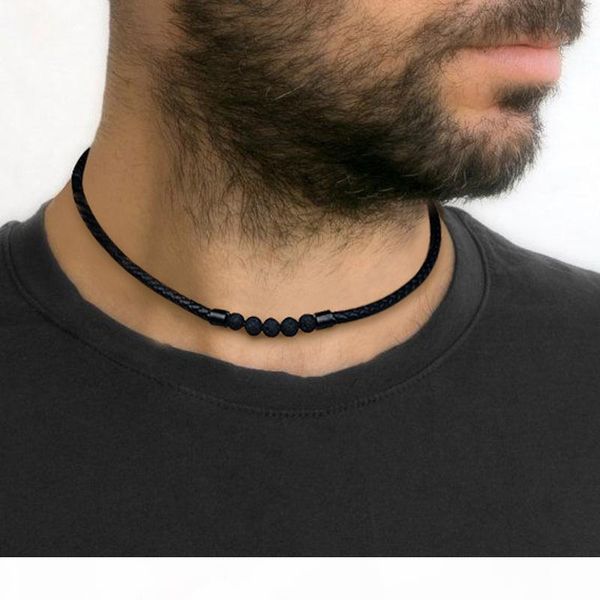 

men's lava rock braided leather choker necklace men boho hippie jewelry oil diffuser surf necklaces in black, Silver