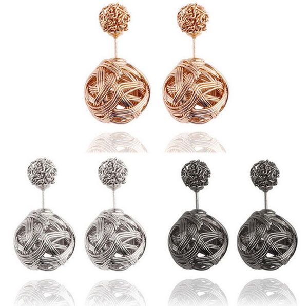 

fine braided metal disco beads hollow studs earings high double jewelry shambala quality stud earrings ball sided otsweet vgook, Golden;silver