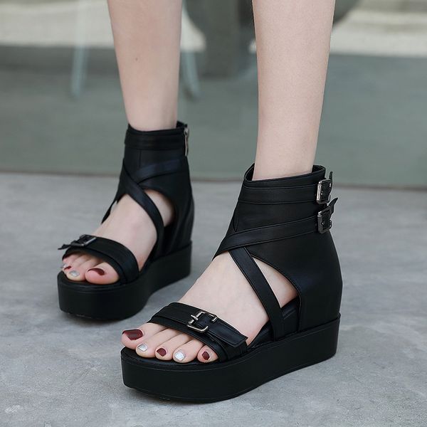 

sandals womans casual wedges for women punk high-gladiator summer cross strappy open toe platform heels 8cm, Black