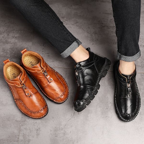

2020 new cross-border large size 2020 autumn new sewing mens boots handmade shoes wide toe high-casual mens shoes single lining leather, Black
