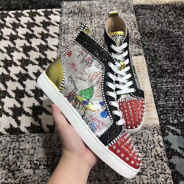 

perfect quality brand new high red bottom shoes no limit men s sneakers shoes with sequin graffiti & strass man leisure eu35-47, Black