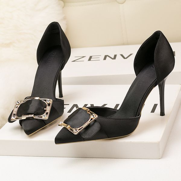 

summer sandals comfort shoes for women high heels suit female beige metal button shallow mouth heeled stiletto pumps, Black