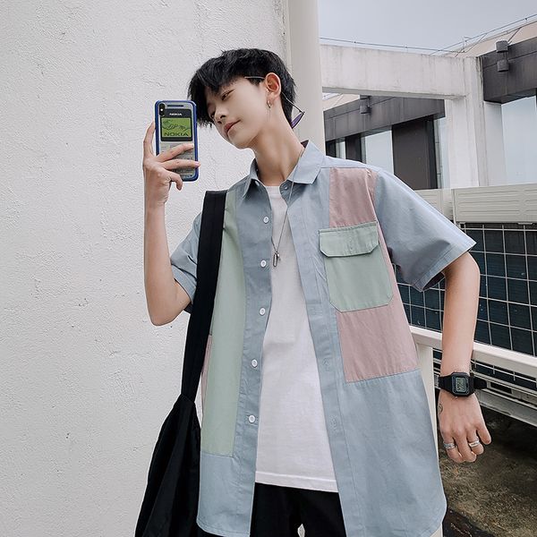 

summer new dress shirt men fashion contrast color casual shirt man streetwear trend wild loose short-sleeved male -xl, White;black