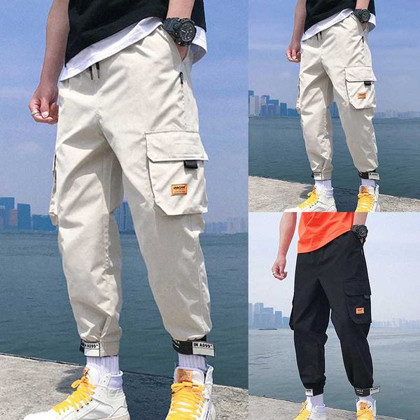 

men's pants men elastic waist sports trousers hip-hop style solid color multi pokets loose spring autumn harem overalls, Black