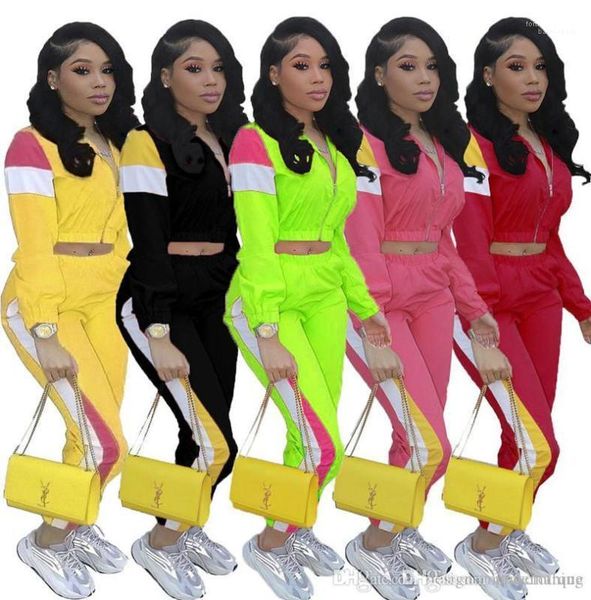 

color skinny female clothes designer womens tracksuits fashion fluorescent green short cardigan hoodie long pants 2pcs sports sets stitching, Gray