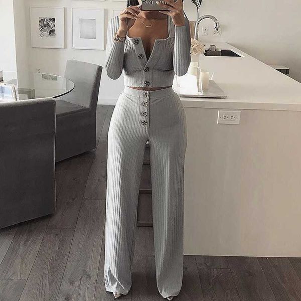 

women's two piece pants autumn women knitted rib 2 set 2021 winter casual gray matching sets outfit elegant straight, White