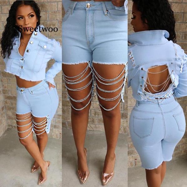 

2020 new women summer streetwear chain hollow out black high waist knee length pants light denim jeans skinny short pants blue