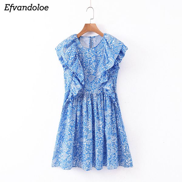 

efvandoloe women blue print dress ruffles sleeveless sweet short dresses summer o neck vestidos, Black;gray