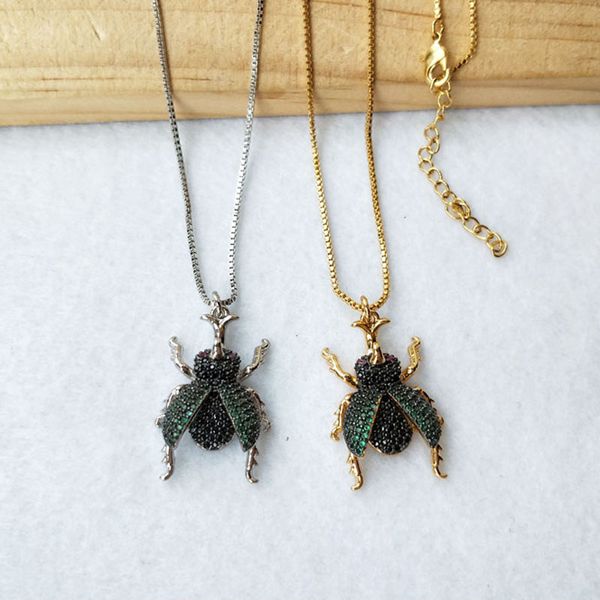 

chains 6pcs micro pave cz green zircon lucanidae insect charm pendant jewelry findings diy necklace for women 355, Silver