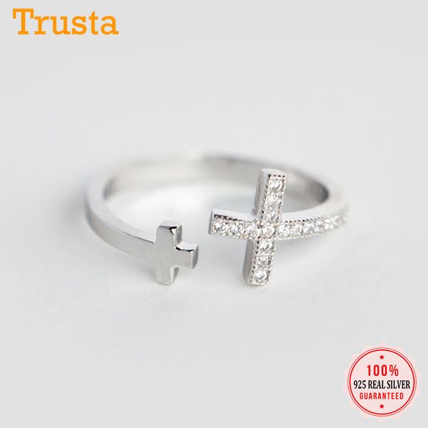 

trustdavis real 925 sterling silver minimalist cross dazzling cz adjustable rings for women wedding party s925 jewelry da1359, Golden;silver