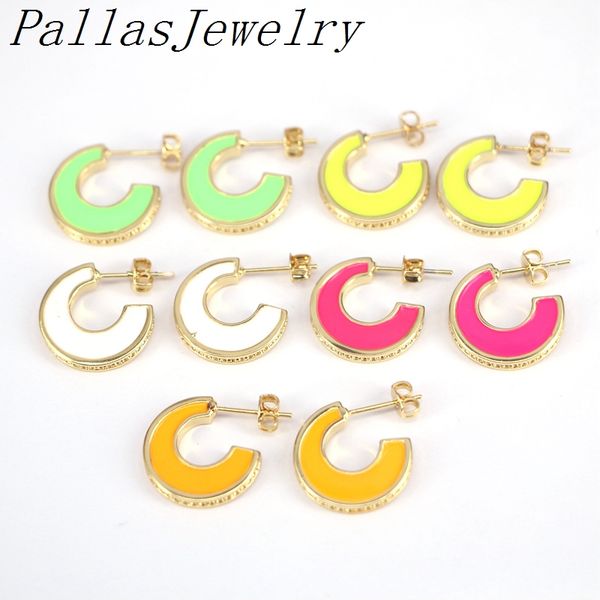 

5pairs, enamel stud earrings neon green yellow bright fluorescent jewelry geometric round cz gold color11, Golden;silver