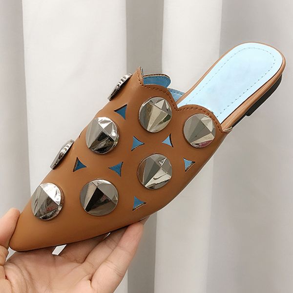 

woman slippers elegant hollowed pointed ladies shoes metal buckle sandals for female women's shoes flat slides casual flip flops, Black