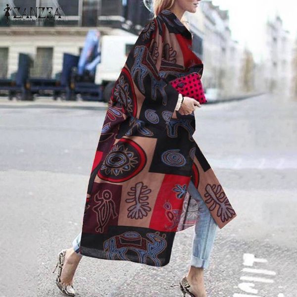 

vintage printed cardigan women's thin coats 2020 zanzea casual open stich outwears female long sleeve lapel plus size tunic, Tan;black