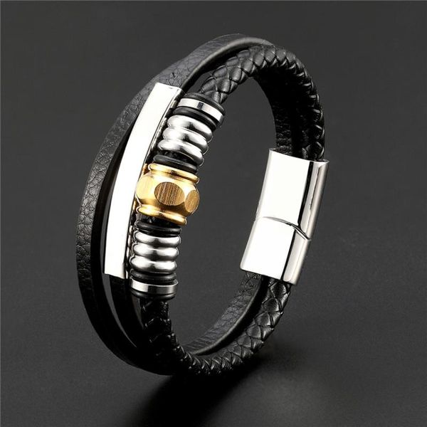 

wild luxury fashion geometric design multi-layer men's leather stainless steel bracelet selection magnet bracelet gift pulseira, Black