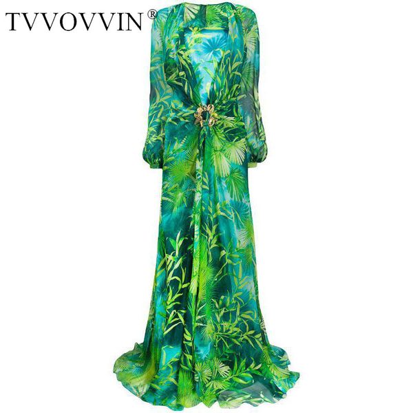 

tvvovvin and 2020 new summer autumn v-neck high waist lantern sleeves ankle-length green printed long dress female vestido jurl, Black;gray