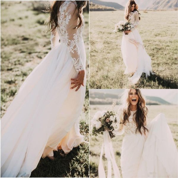 

2019 New Bohemian Country Wedding Dresses With Sheer Long Sleeves Bateau Neck A Line Lace Applique Chiffon Boho Bridal Gowns Cheap BA6589