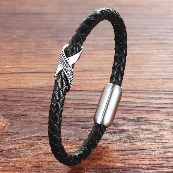 

tyo stainless steel x rhinestone charm magnetic clasps braided black leather bracelet for men women birthday gifts, Red;blue