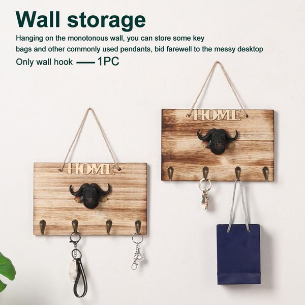 

wall hook no drill office rope hanging retro wooden kitchen bull head door back