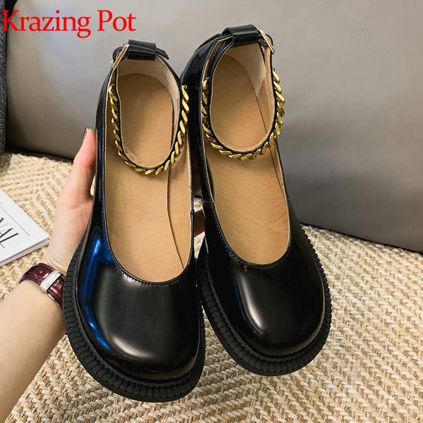 

krazing pot genuine leather square high heels metal chains decoration round toe buckle strap women british school pumps l31, Black