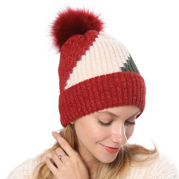 

beanie/skull caps women winter ball cap pompoms hat stitching color beanies knitted thick warm outdoor female, Blue;gray