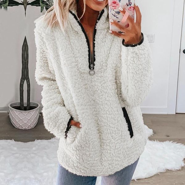 

2020v collar zipper sweatshirts women warm long sleeve ladies pocket solid loose autumn winter sweatshirt coats, Black