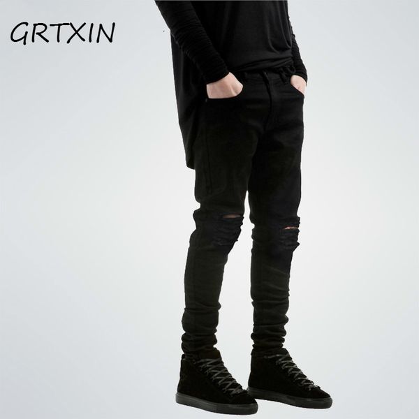 

new black ripped jeans men with holes denim super skinny famous designer brand slim fit jean pants scratched biker jeans, Blue