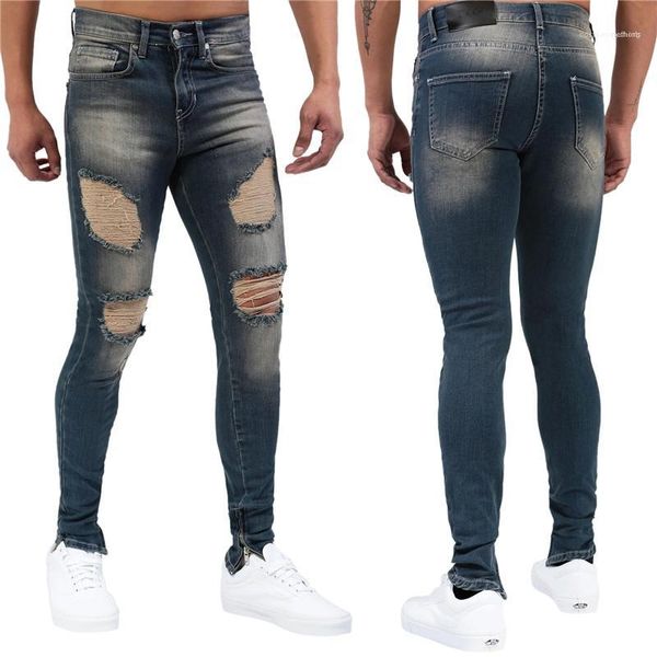 

jeans mens casual designer jeans fashion deep blue distrressed washed skinny pencil pants mens mid waist