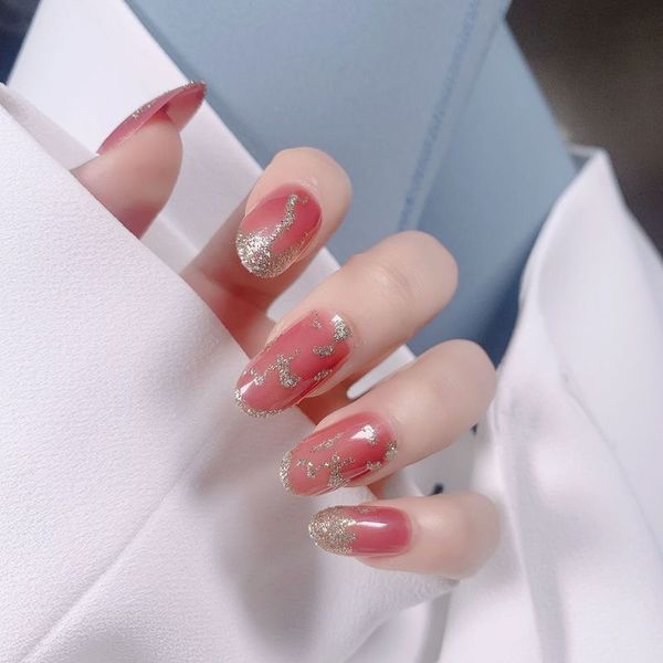 

false nails 24 pieces of nail wearable french gradient nude color finished fake stickers waterproof and removable, Red;gold