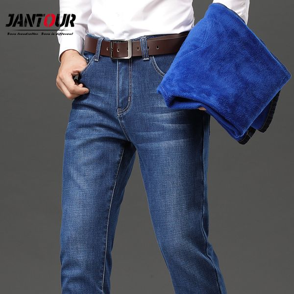 

2020 brand warm fleece jeans mens winter velvet jean trousers flocking warm soft men pants large size 40 42 44 46, Blue