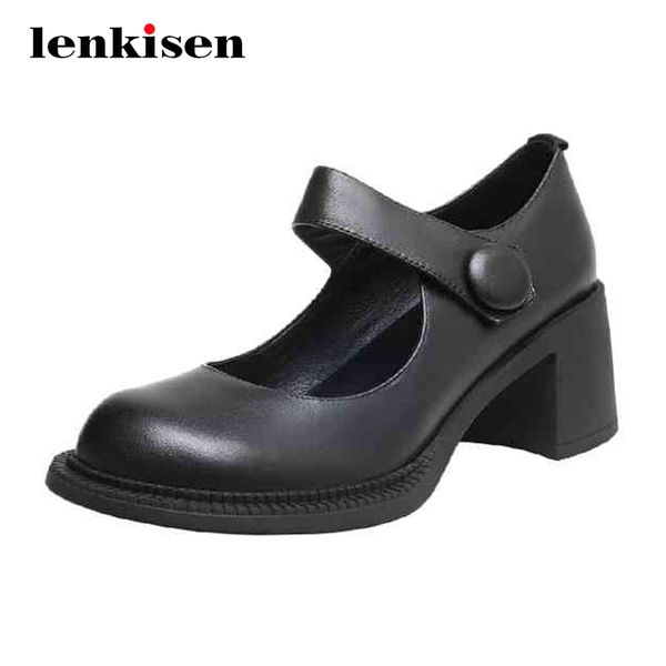 

lenkisen european style natural leather button nightclub round toe thick high heel hook loop beauty lady mature women pumps l37, Black